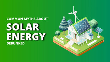 Illustration showing solar panels with myth vs fact labels, debunking common misconceptions about solar energy efficiency, cost, and reliability
